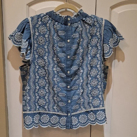 Nwt Jennifer & Grace Blue Embroidered Short Sleeve Top - Picture 5 of 8